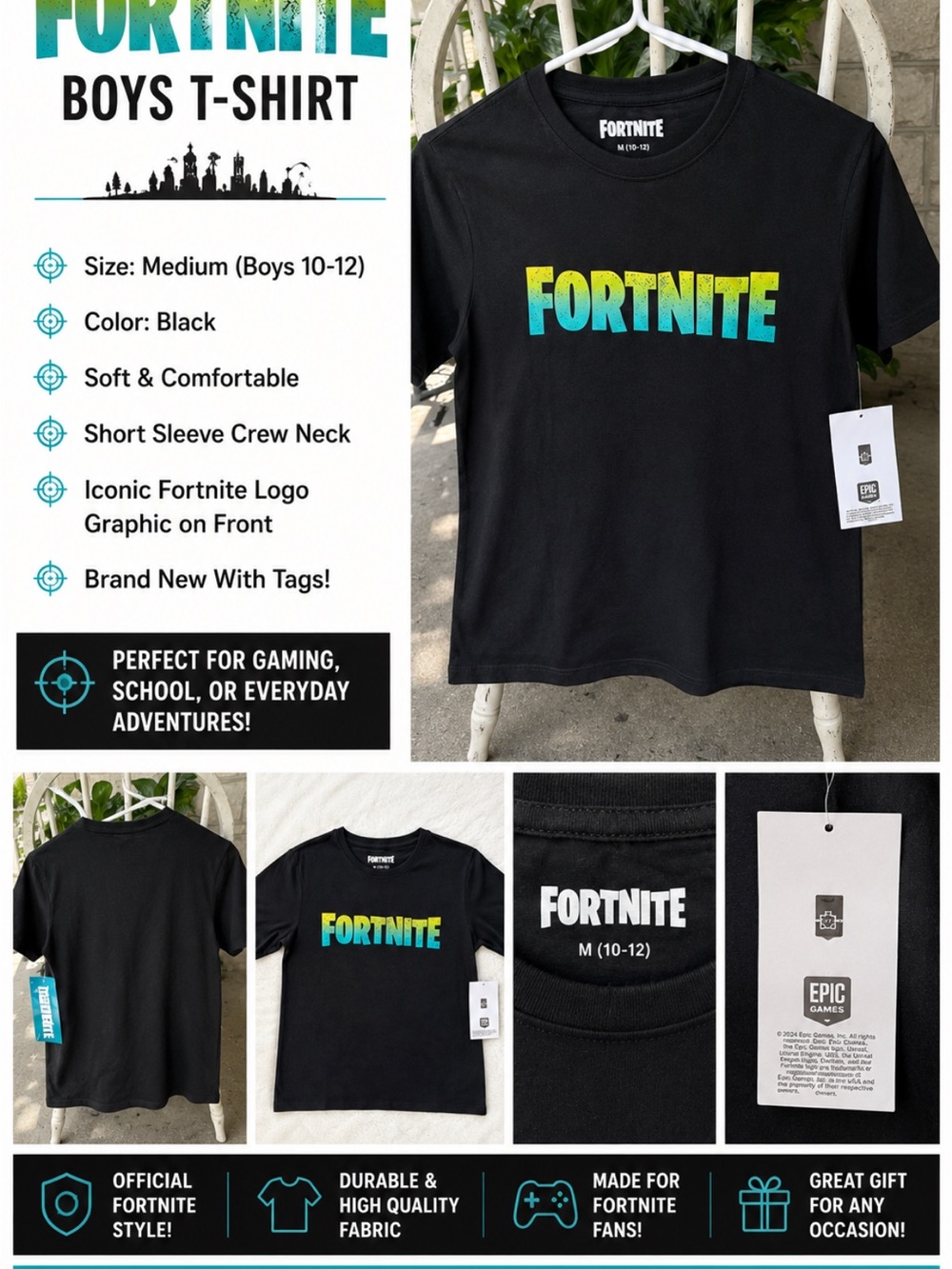 Fortnite Boys Short-Sleeve Crew Neck Tee — Black with Blue-Green Gradient Logo